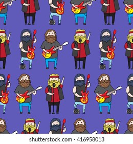 Seamless pattern with cute bearded men from a rock band. Vector illustration