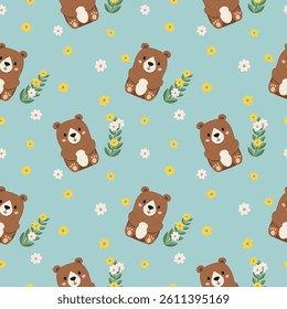 Seamless pattern with cute bears among the flowers. Children's wrapping paper and textile print design.