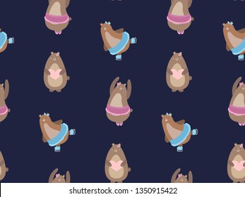 Seamless pattern with cute bears: ballet dancer, skater, bear with a heart. Creative nursery background. Perfect for kids design, fabric, wrapping, wallpaper, textile, apparel