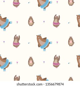 Seamless pattern with cute bears: ballet dancer, skater, bear with a heart. Creative nursery background. Perfect for kids design, fabric, wrapping, wallpaper, textile, apparel
