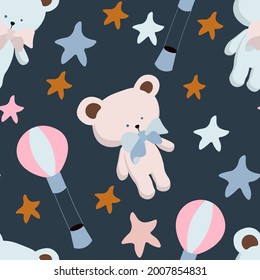 Seamless pattern. Cute bears and balloons, stars. Ideal for baby fabrics, covers, cards, backgrounds, packaging