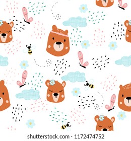 seamless pattern with cute bears and bees. For printing on clothes. Doodle, vector. Hand-drawn.