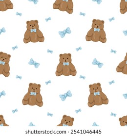 Patrón sin fisuras con lindos osos y lazos azules. Vector plano divertido adorno infantil. Textura de los niños con los osos de peluche para la tela, envoltura, materia textil, Fondo de pantalla en el fondo blanco