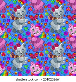 Seamless pattern with cute bears, butterflies and flowers, colorful animals on a blue background