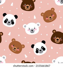 Seamless pattern of cute bears. Cartoon portraits of different species of bears: brown, white or polar, panda, grizzly on a pink background. Vector illustration.