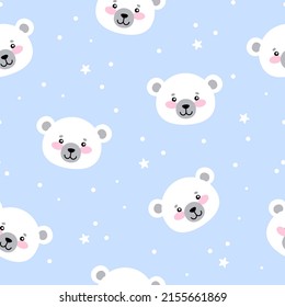 Seamless pattern of cute bears. Cartoon polar bears and stars on a blue background. Vector illustration.