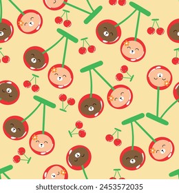 Patrón sin costuras con osos lindos y cerezas para estampados de tela, textiles, papel de envoltura de regalo. Vector colorido de los niños, estilo plano