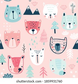 Seamless pattern with Cute Bears. Childish Background with sweet characters and other elements. Vector illustration.