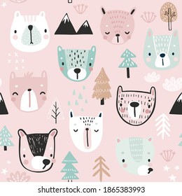 Seamless pattern with Cute Bears. Childish Background with sweet characters and other elements. Vector illustration.