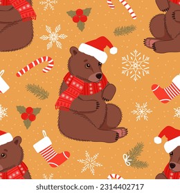 Seamless pattern with cute bears in a Christmas hat and scarf with Christmas elements. Vector flat illustration.