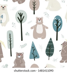 Seamless pattern with cute bears and different elements. Vector illustration in scandinavian style.