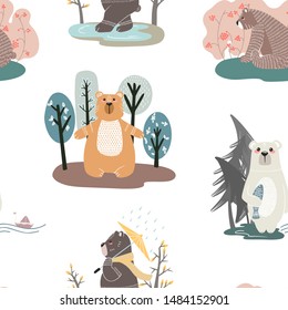 Seamless pattern with cute bears and different elements. Vector illustration in scandinavian style.