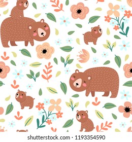 Seamless pattern with cute bears family and flowers on a white background. Vector illustration for children.