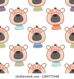 Seamless pattern of cute bears in fashionable glasses in cartoon style. Illustration for children in a vector.