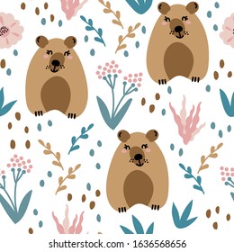 Seamless pattern with cute bears and floral elements, flowers, branches, leaves . Creative childish texture. Great for fabric, textile and other surface. Vector Illustration