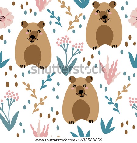 Seamless pattern with cute bears and floral elements, flowers, branches, leaves . Creative childish texture. Great for fabric, textile and other surface. Vector Illustration