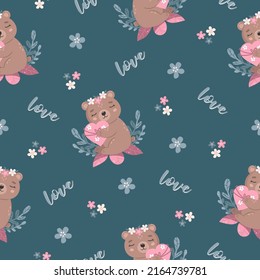 Patrón sin foco con osos lindos, flores, corazones y palabras Amor. Ilustración vectorial en estilo plano dibujado a mano.