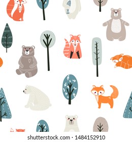 Seamless pattern with cute bears, foxs and different elements. Vector illustration in scandinavian style.