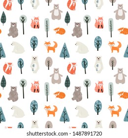 Seamless pattern with cute bears, foxs and different elements. Vector illustration in scandinavian style.