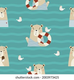 Seamless pattern with cute bears. Funny animals sailor with seagull and lifebuoy and eats ice cream on an emerald background with waves. Vector illustration in flat style for design, Decor, packaging
