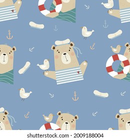 Seamless pattern with cute bears. Funny sailor with seagull and lifebuoy on blue background with seabirds and anchor. Vector illustration in flat style for design, decor, packaging and textiles