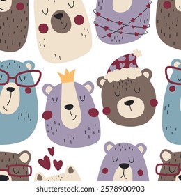 Seamless pattern with cute bears. Hand drawn repetitive design for wrapping paper, greeting cards, textiles and fabric.	