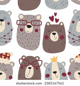 Seamless pattern with cute bears. Hand drawn repetitive design for wrapping paper, greeting cards, textiles and fabric.