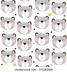 Seamless pattern of cute bears head with gold paws prints and hearts in cartoon style. Illustration for children in vector.