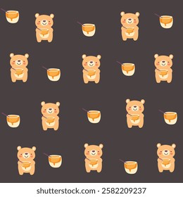 Seamless pattern with cute bears holding honey pots, perfect for kids design and packaging