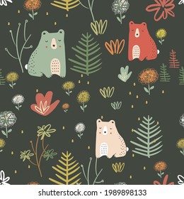 Seamless  pattern with cute, bears on floral background. Can be used  for textile, wallpaper or print design.