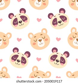 Patrón sin foco con osos y pandas lindos y corazones aislados en fondo blanco