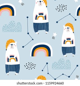 Patrón sin inconvenientes con osos adorables en pijamas, arcoiris, estrellas, nubes. Creativos antecedentes nocturnos. Perfecto para prendas de vestir para niños, tejidos, textiles, decoración para viveros, papel envolvente.Ilustración vectorial