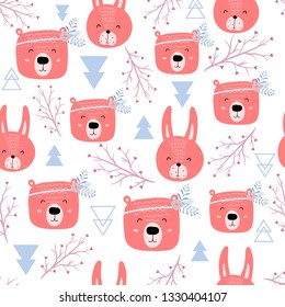 Seamless pattern with cute bears and rabbits - boho. Scandinavian style texture for fabric, wrapping, textile, apparel. Vector illustration