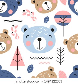 Seamless pattern with cute bears in Scandinavian style. Vector Illustration. Kids illustration for nursery design. Great for baby clothes, greeting card, wrapper.