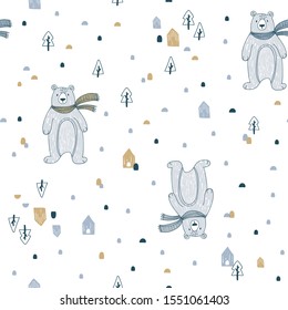 Seamless pattern with cute bears in a scarf. Suitable for fabric. Vector illustration