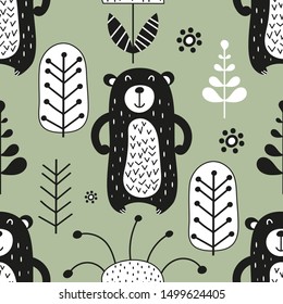 Seamless pattern with cute bears, trees and flowers in Scandinavian style. Vector Illustration. Kids illustration for nursery scandi design. Great for baby clothes, greeting card, wrapping paper.