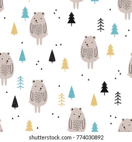 Seamless pattern with cute bears and trees  on a white background in Scandinavian style. Childish illustration in vector.