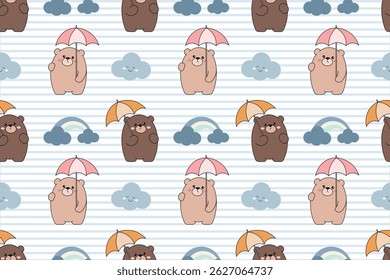 Seamless pattern with cute bears with umbrellas