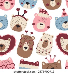 Seamless pattern with cute bears. Vector repeating pattern for valentine's day. Perfect for wrapping paper, greeting cards, textiles and fabric.