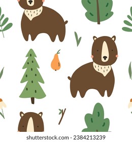 Seamless pattern with cute bears in the wood. Hand drawn childish background with wild animals in the forest. Endless kids texture for apparel, textile and prints. Vector illustration