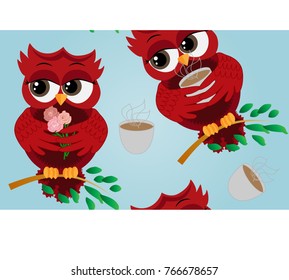 Seamless pattern Cute beautiful flirtatious red owl on a branch with a cup of steaming coffee, tea or chocolate