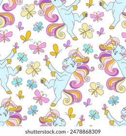 Seamless pattern with cute beautiful summer unicorn with butterflies on a white background. Vector illustration with magic horse. For party, print, baby shower, wallpaper, design, bed linen, apparel