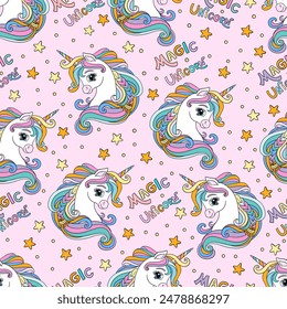 Seamless pattern with cute beautiful unicorn head with lettering Magic Unicorn on a pink background. Vector illustration with magic horse. For party, print, baby shower, wallpaper, design, bed linen