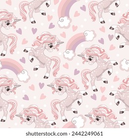 Seamless pattern with cute beautiful unicorns, hearts and rainbow on a pink background. Vector illustration with magic horse. For party, print, baby shower, wallpaper, design, bed linen, apparel