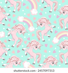 Seamless pattern with cute beautiful unicorns, hearts and rainbow on a mint color background. Vector illustration with magic horse. For party, print, baby shower, wallpaper, design, bed linen, apparel