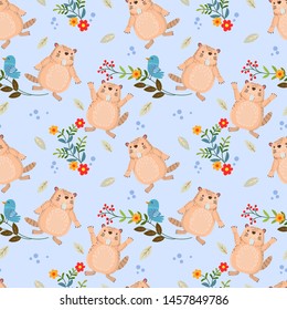 Seamless pattern with cute beaver and bird on branch with flowers can use for fabric textile wallpaper.