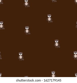 Seamless pattern with cute beaver in a flat style on a brown background. Stock vector illustration for decoration and design, packaging, wallpaper, wrapping paper, fabrics, posters, postcards