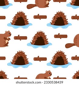 Seamless pattern with cute beavers and huts. Pattern for kids textile.