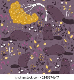 Seamless pattern with cute beavers. Vector graphics.