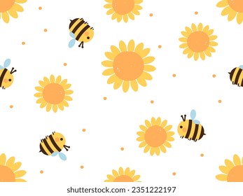 Seamless pattern with cute bee cartoons and sunflower field on white background vector illustration. Cute childish print.